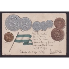 ARGENTINA ANTIGUA TARJETA POSTAL CON RELIEVE BANDERA Y SERIE DE MONEDAS PATACON